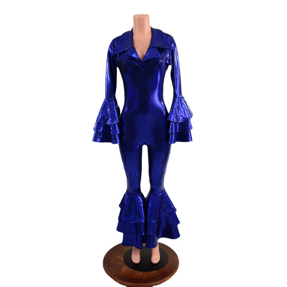 Dancing Queen Multi Tiered Bell Bottom Catsuit in Blue Sparkly Jewel - Coquetry Clothing
