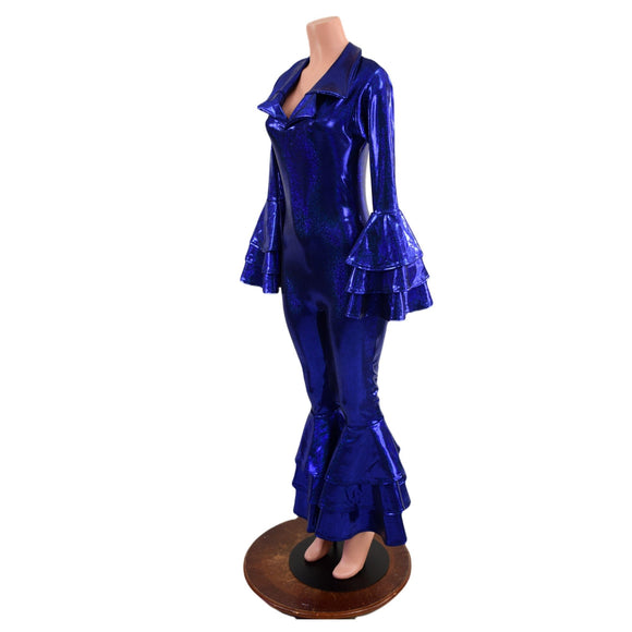 Dancing Queen Multi Tiered Bell Bottom Catsuit in Blue Sparkly Jewel - Coquetry Clothing