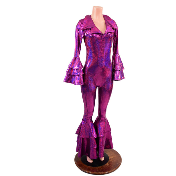 Dancing Queen Multi Tiered Bell Bottom Catsuit in Fuchsia Sparkly Jewel - Coquetry Clothing