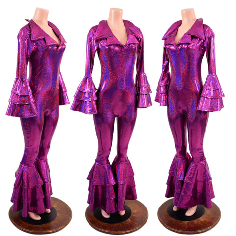 Dancing Queen Multi Tiered Bell Bottom Catsuit in Fuchsia Sparkly Jewel - Coquetry Clothing