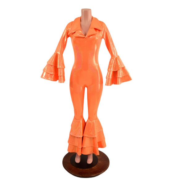 Dancing Queen Multi Tiered Bell Bottom Catsuit in Neon Orange Sparkly Jewel - Coquetry Clothing