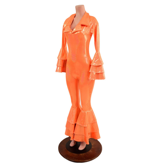 Dancing Queen Multi Tiered Bell Bottom Catsuit in Neon Orange Sparkly Jewel - Coquetry Clothing