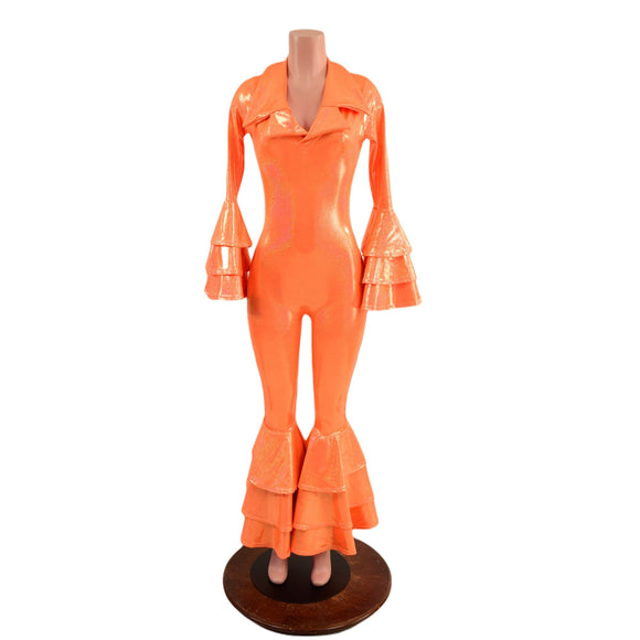Dancing Queen Multi Tiered Bell Bottom Catsuit in Neon Orange Sparkly Jewel - Coquetry Clothing