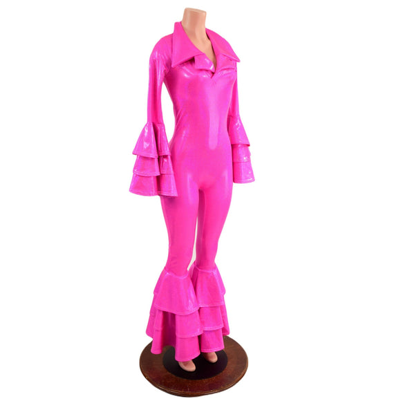 Dancing Queen Multi Tiered Bell Bottom Catsuit in Neon Pink Sparkly Jewel - Coquetry Clothing