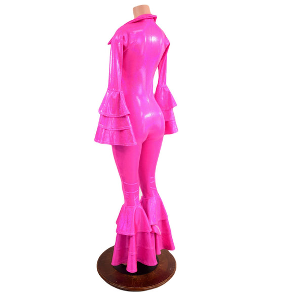 Dancing Queen Multi Tiered Bell Bottom Catsuit in Neon Pink Sparkly Jewel - Coquetry Clothing