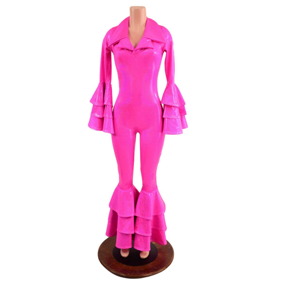 Dancing Queen Multi Tiered Bell Bottom Catsuit in Neon Pink Sparkly Jewel - Coquetry Clothing