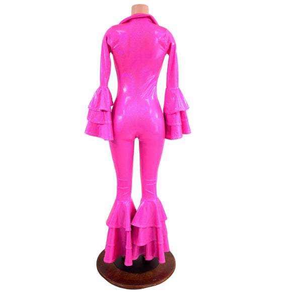 Dancing Queen Multi Tiered Bell Bottom Catsuit in Neon Pink Sparkly Jewel - Coquetry Clothing