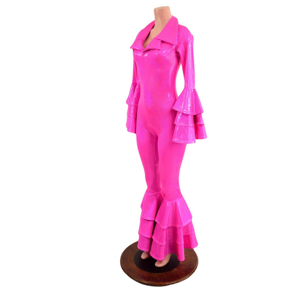 Dancing Queen Multi Tiered Bell Bottom Catsuit in Neon Pink Sparkly Jewel - Coquetry Clothing