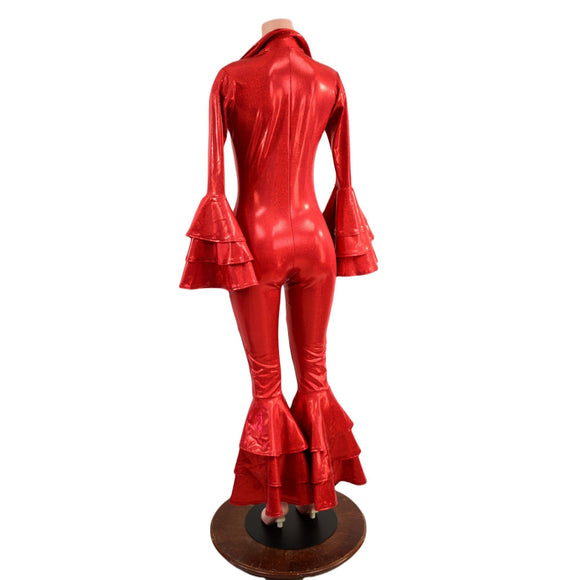 Dancing Queen Multi Tiered Bell Bottom Catsuit in Red Sparkly Jewel - Coquetry Clothing