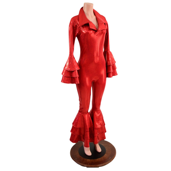 Dancing Queen Multi Tiered Bell Bottom Catsuit in Red Sparkly Jewel - Coquetry Clothing