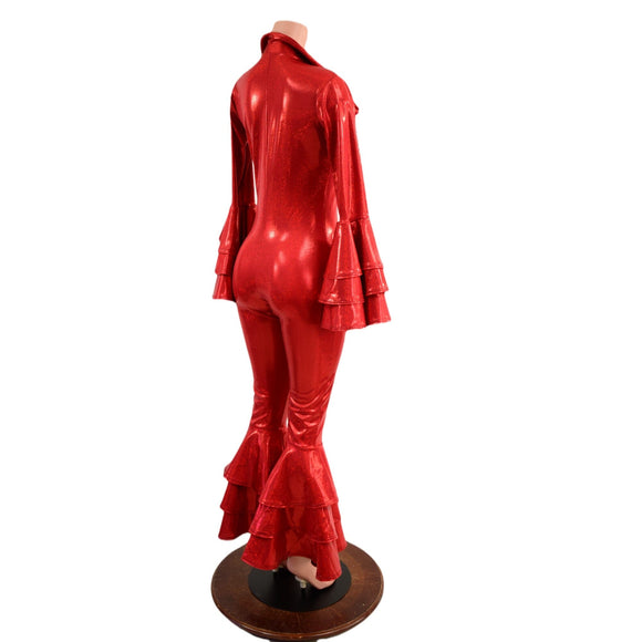 Dancing Queen Multi Tiered Bell Bottom Catsuit in Red Sparkly Jewel - Coquetry Clothing