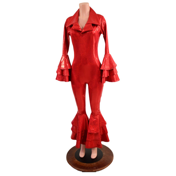 Dancing Queen Multi Tiered Bell Bottom Catsuit in Red Sparkly Jewel - Coquetry Clothing