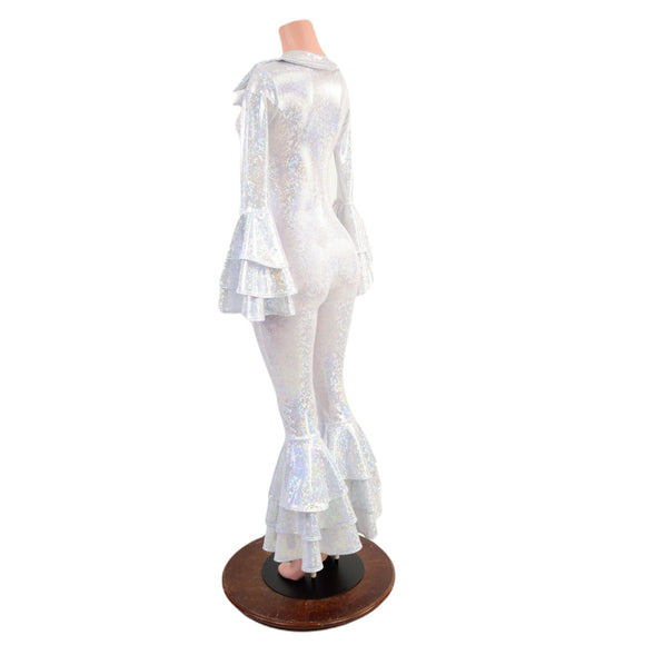 Dancing Queen Multi Tiered Bell Bottom Catsuit in White Kaleidoscope - Coquetry Clothing