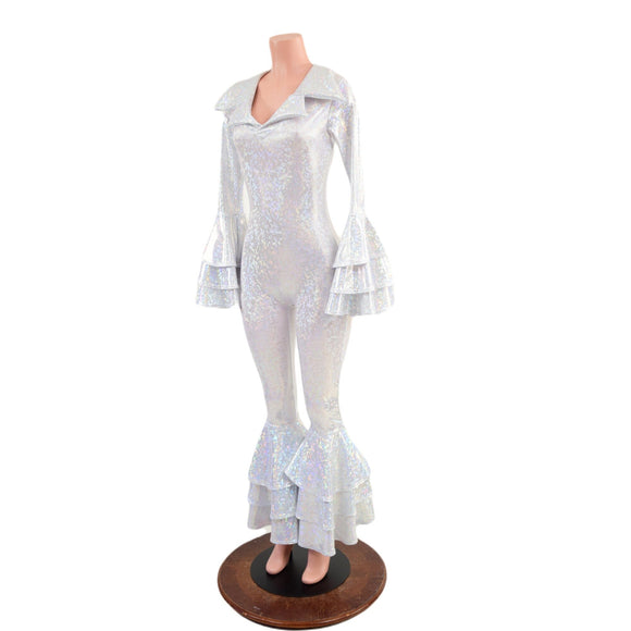 Dancing Queen Multi Tiered Bell Bottom Catsuit in White Kaleidoscope - Coquetry Clothing