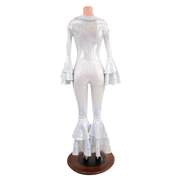 Dancing Queen Multi Tiered Bell Bottom Catsuit in White Kaleidoscope - Coquetry Clothing
