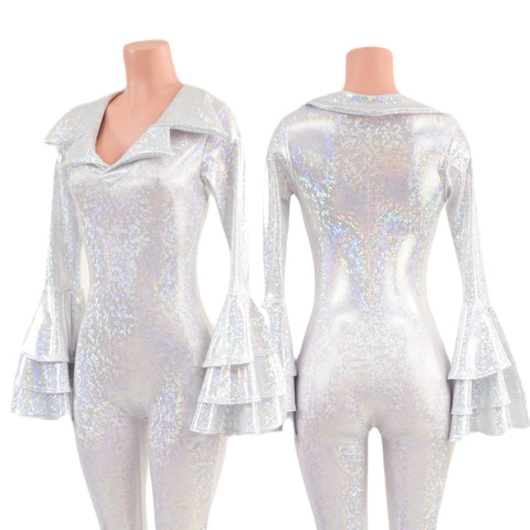 Dancing Queen Multi Tiered Bell Bottom Catsuit in White Kaleidoscope - Coquetry Clothing