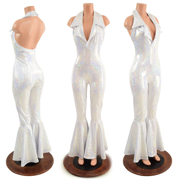 Dazzling Bell Bottom Catsuit with PLUNGING Showtime Collar and Backless Neckline - Coquetry Clothing