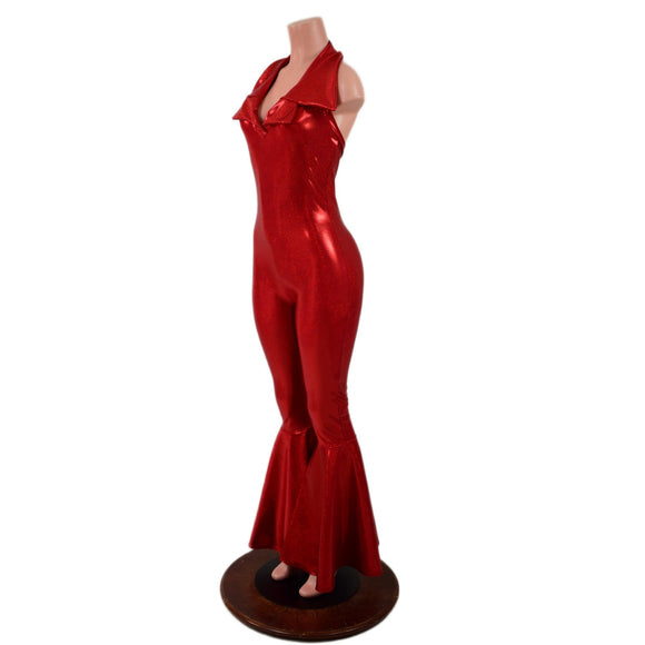 Dazzling Bell Bottom Catsuit with Showtime Collar and Backless Neckline - Coquetry Clothing