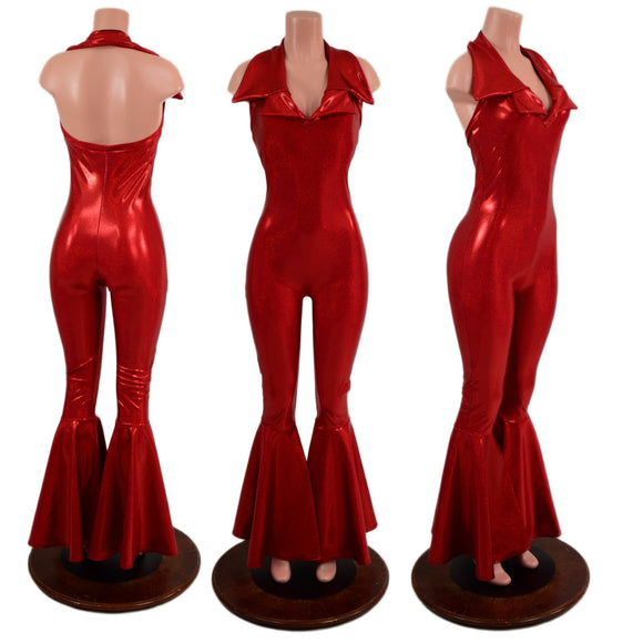 Dazzling Bell Bottom Catsuit with Showtime Collar and Backless Neckline - Coquetry Clothing