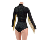 Star Noir Romper with Inset Mesh Keyhole and Waistband, and Gold Fringed Sleeves-5