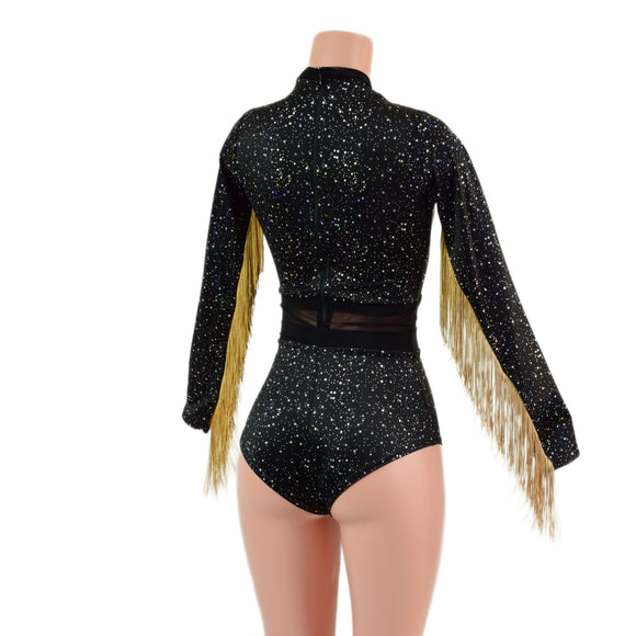 Star Noir Romper with Inset Mesh Keyhole and Waistband, and Gold Fringed Sleeves