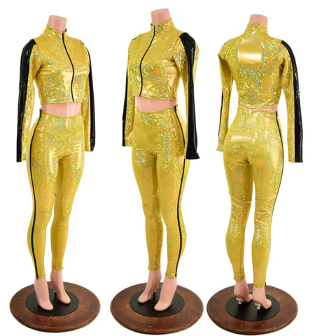 Gold and Black Zip Away Set (Leggings & Crop Top) - Coquetry Clothing