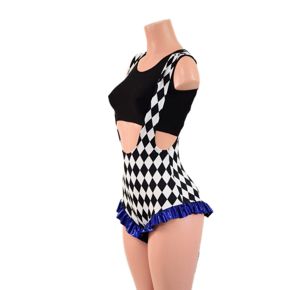 Diamond Print Suspender Romper with Blue Sparkly Jewel Leg Ruffles (Top Sold Separately) - Coquetry Clothing