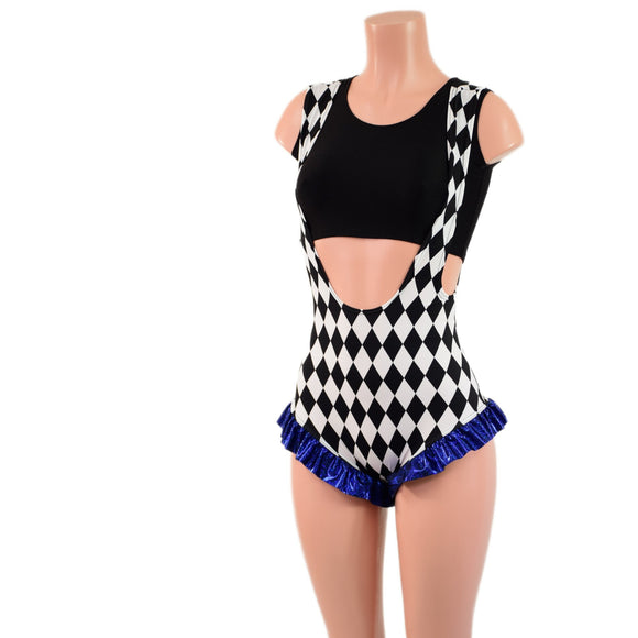 Diamond Print Suspender Romper with Blue Sparkly Jewel Leg Ruffles (Top Sold Separately) - Coquetry Clothing