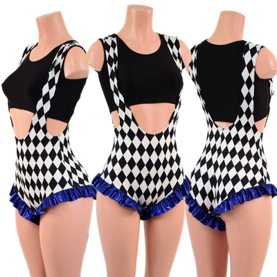 Diamond Print Suspender Romper with Blue Sparkly Jewel Leg Ruffles (Top Sold Separately) - Coquetry Clothing