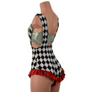 Diamond Print Suspender Romper with Red Leg Ruffles (Bralette Sold Separately) - Coquetry Clothing