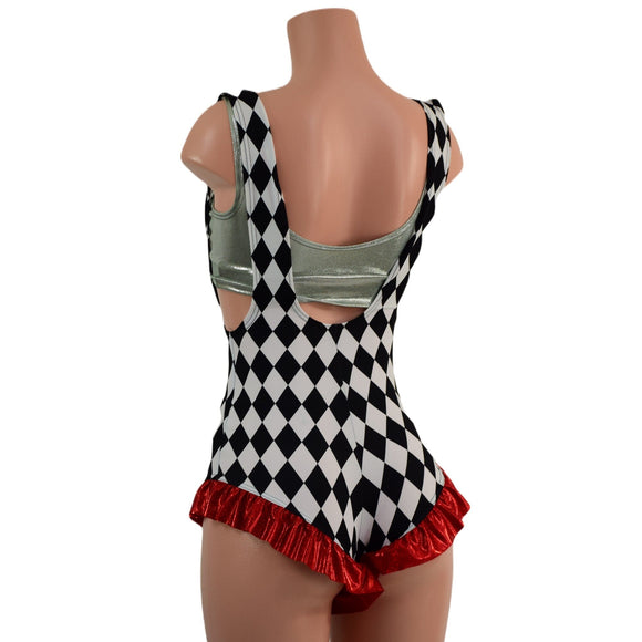 Diamond Print Suspender Romper with Red Leg Ruffles (Bralette Sold Separately) - Coquetry Clothing