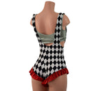Diamond Print Suspender Romper with Red Leg Ruffles (Bralette Sold Separately) - Coquetry Clothing