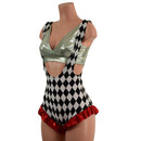 Diamond Print Suspender Romper with Red Leg Ruffles (Bralette Sold Separately) - Coquetry Clothing