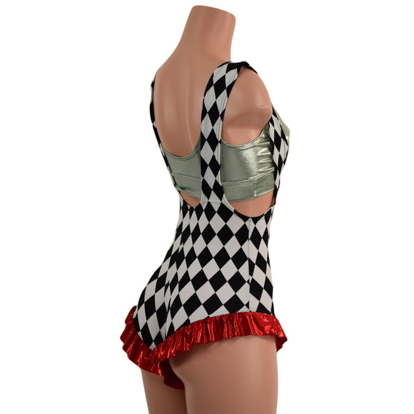 Diamond Print Suspender Romper with Red Leg Ruffles (Bralette Sold Separately) - Coquetry Clothing