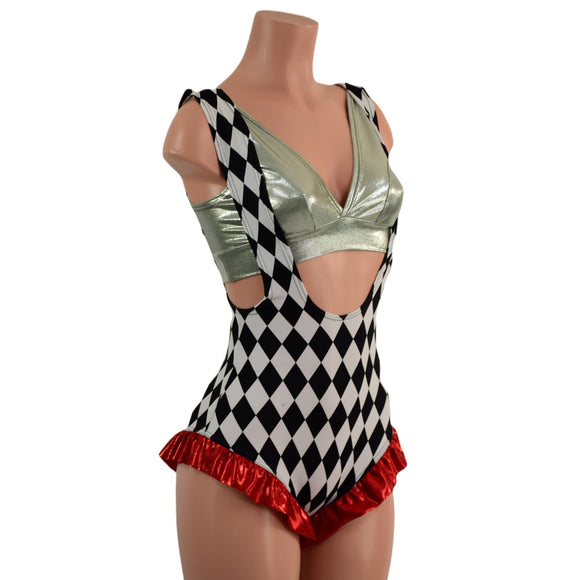 Diamond Print Suspender Romper with Red Leg Ruffles (Bralette Sold Separately) - Coquetry Clothing