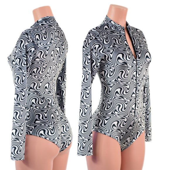 Distortion Velvet Stella Romper with Long Sleeves & Siren Cut Leg - Coquetry Clothing