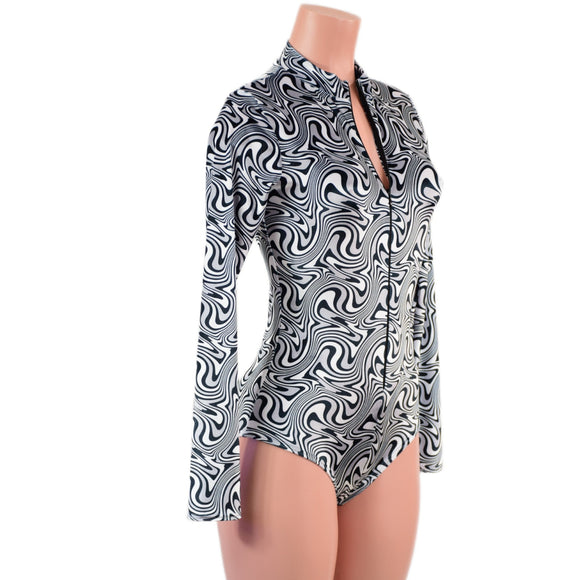 Distortion Velvet Stella Romper with Long Sleeves & Siren Cut Leg - Coquetry Clothing