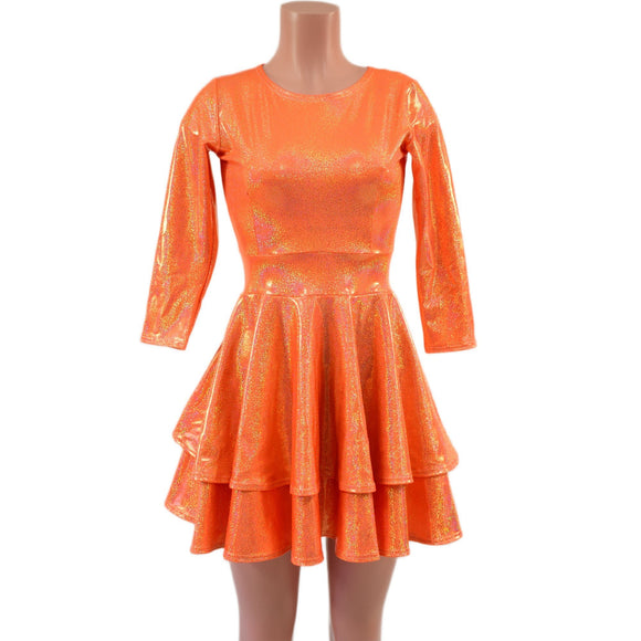 Double Ruffle Skater Dress with 3/4 Sleeves and Crew Neck - Coquetry Clothing