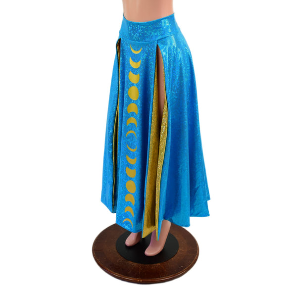 Double Split Skirt with Moon Phases in Turquoise and Gold Kaleidoscope - Coquetry Clothing