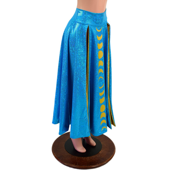 Double Split Skirt with Moon Phases in Turquoise and Gold Kaleidoscope - Coquetry Clothing