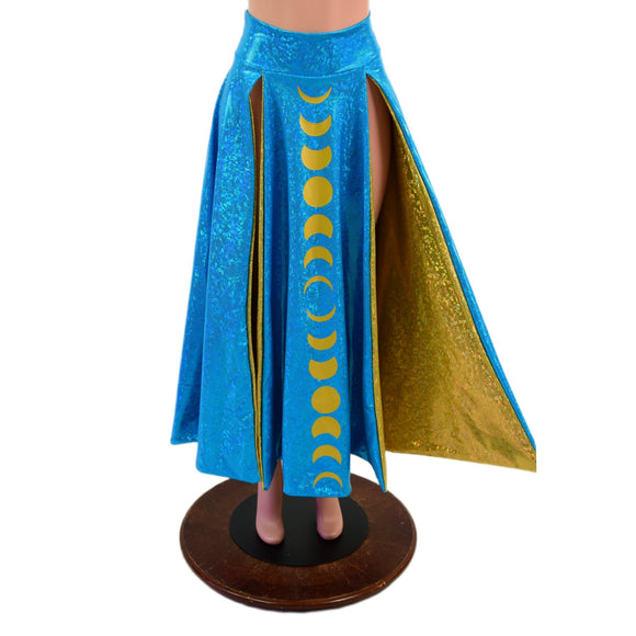 Double Split Skirt with Moon Phases in Turquoise and Gold Kaleidoscope - Coquetry Clothing