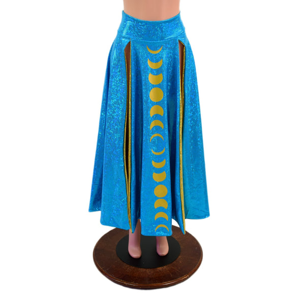 Double Split Skirt with Moon Phases in Turquoise and Gold Kaleidoscope - Coquetry Clothing