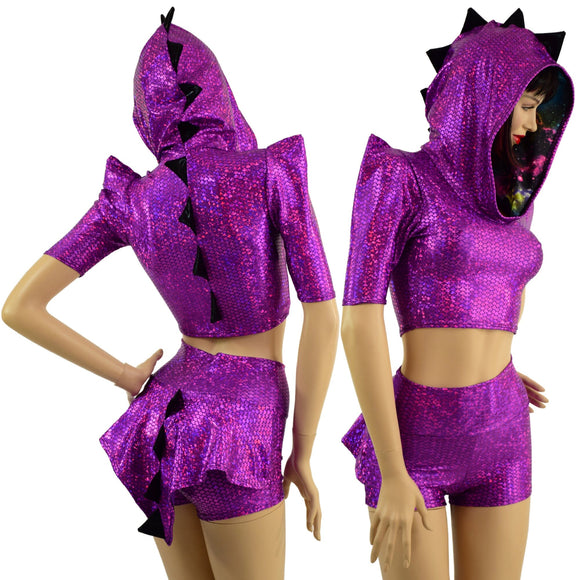 Dragon Hooded Crop Top and High Waist Shorts with Mini Dragon Tail Ruffle Rump - Coquetry Clothing