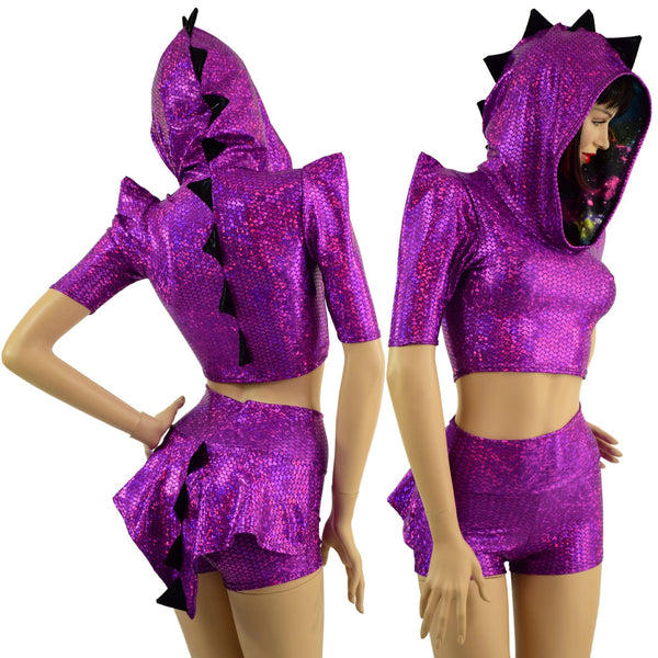Dragon Hooded Crop Top and High Waist Shorts with Mini Dragon Tail Ruffle Rump - 4