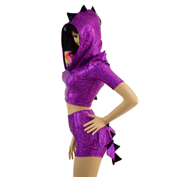 Dragon Hooded Crop Top and High Waist Shorts with Mini Dragon Tail Ruffle Rump - Coquetry Clothing
