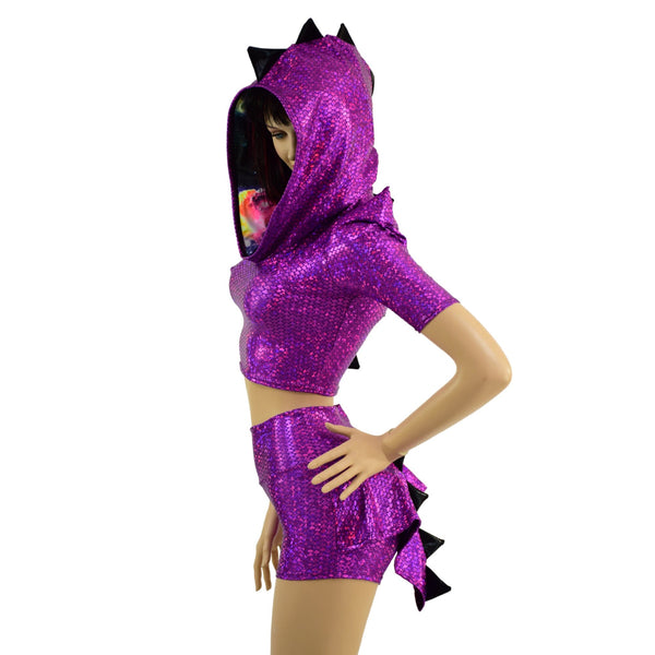 Dragon Hooded Crop Top and High Waist Shorts with Mini Dragon Tail Ruffle Rump - 3