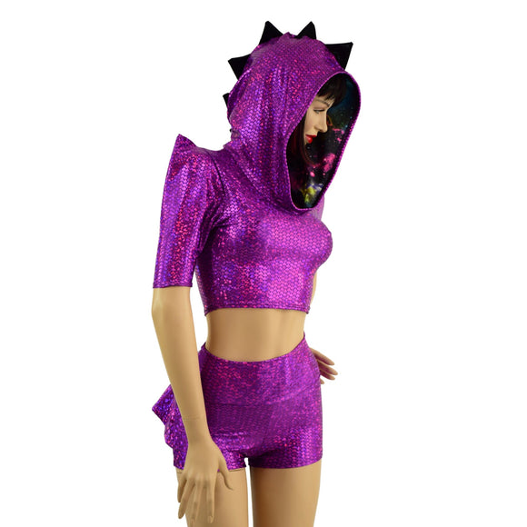Dragon Hooded Crop Top and High Waist Shorts with Mini Dragon Tail Ruffle Rump - Coquetry Clothing