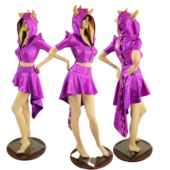 Dragon Tail Skirt & Crop Hoodie Set with Horns - Coquetry Clothing