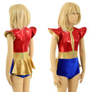 Kids Red, Blue and Gold Ruffle Rump Romper with Keyhole, and Contrast Waistband - Coquetry Clothing