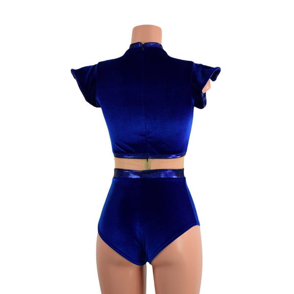 One Piece Sapphire Blue Velvet and Inset Mesh Keyhole Romper - 5